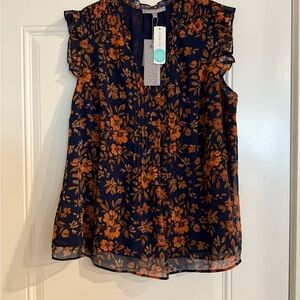 Floral Ruffle Sleeve Top - Navy and Orange NWT